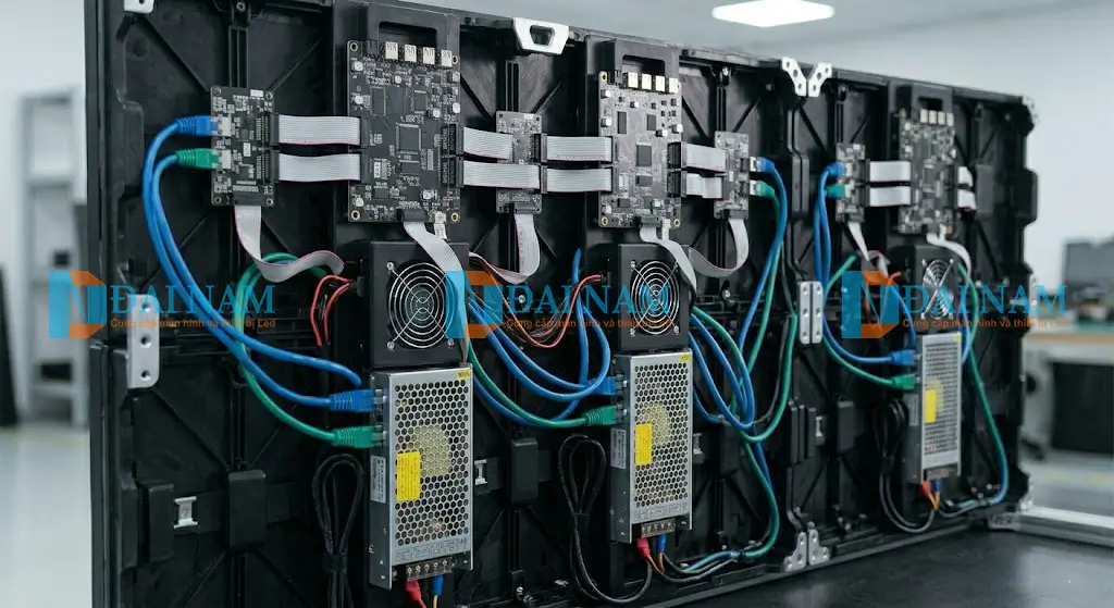 Hệ thống card nhận và nguồn tổ ong phía sau cabinet màn hình led p3.91