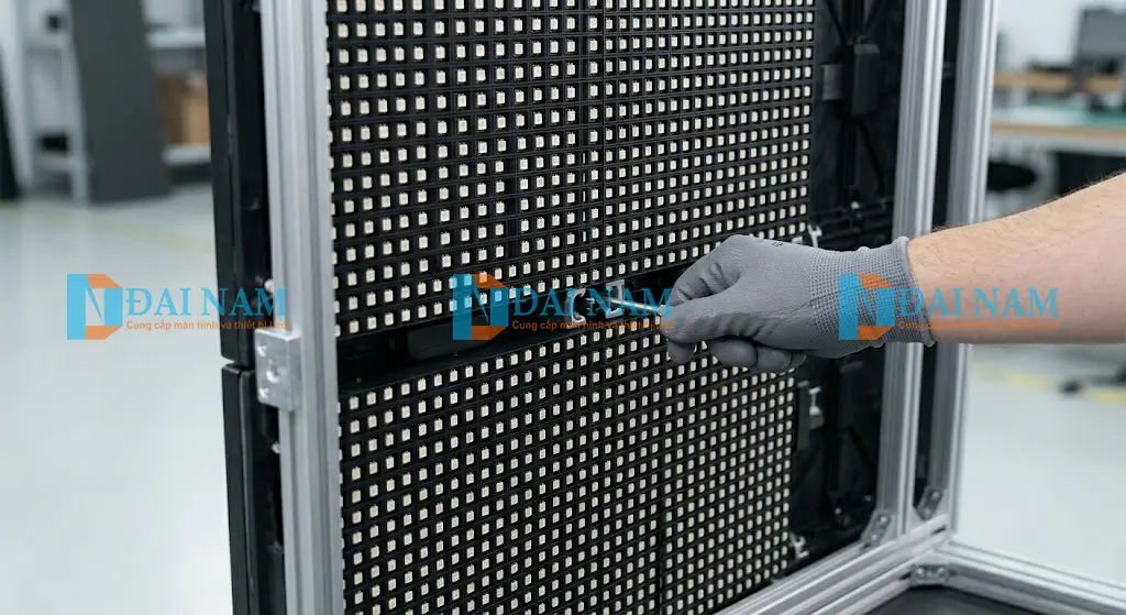 Ghép nối các tấm module led p3.91 vào cabinet nhôm đúc 500x500mm