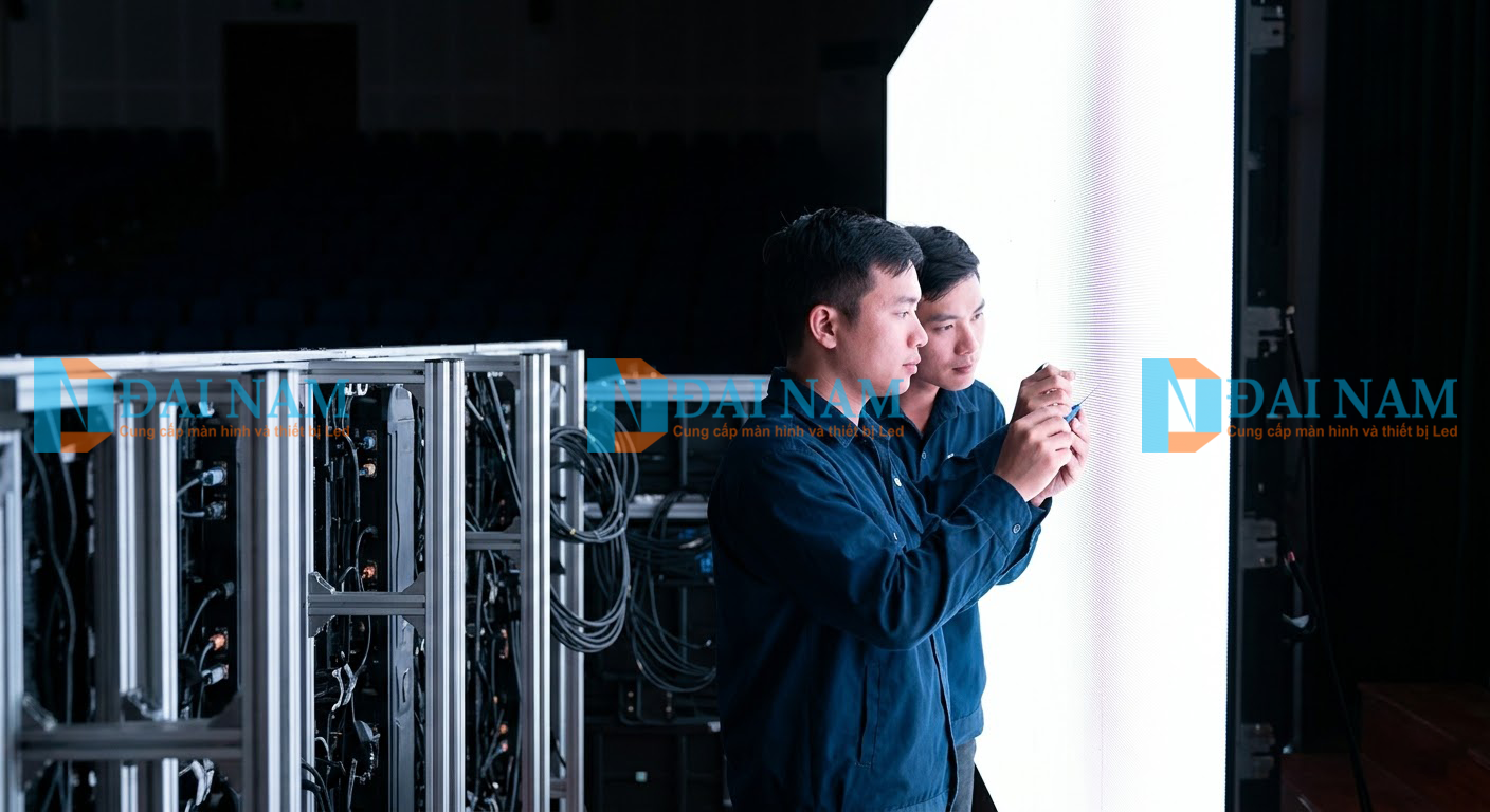 Kỹ sư kiểm tra kỹ thuật (Aging Test) màn hình LED hội trường bằng chế độ hiển thị trắng toàn phần để kiểm soát chất lượng và điểm ảnh.