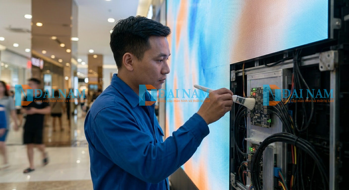 Chuyên gia kỹ thuật của Đại Nam Groups đang tiến hành bảo trì và vệ sinh định kỳ hệ thống card điều khiển màn hình LED trong nhà để đảm bảo tuổi thọ linh kiện.
