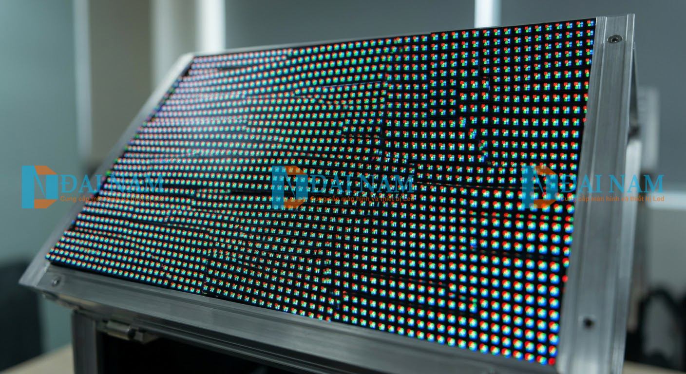 Cận cảnh bề mặt module màn hình LED trong nhà sử dụng công nghệ bóng LED SMD 2121 siêu nhỏ giúp hiển thị hình ảnh sắc nét chuẩn HD.