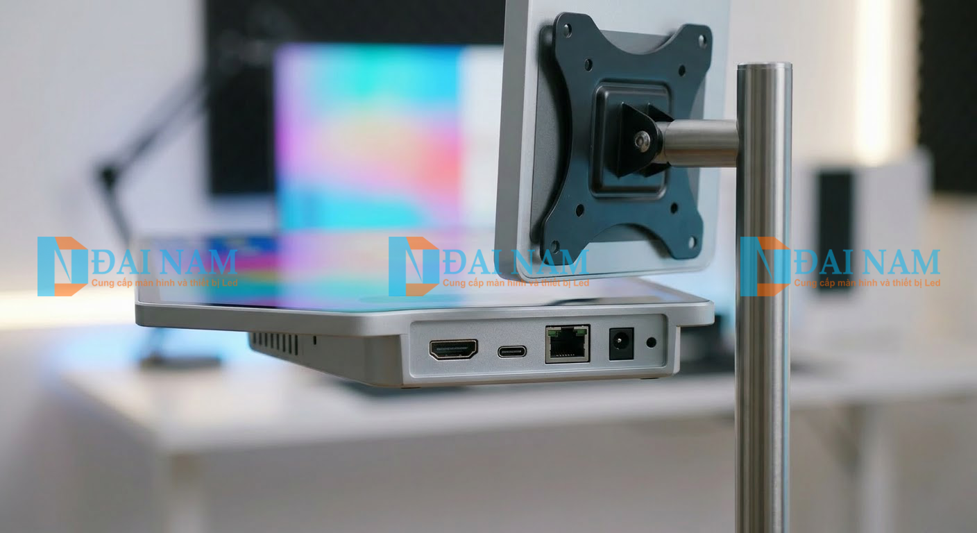 Chi tiết cổng kết nối Type-C, HDMI và ngàm VESA trên mặt lưng màn hình phát trực tiếp.