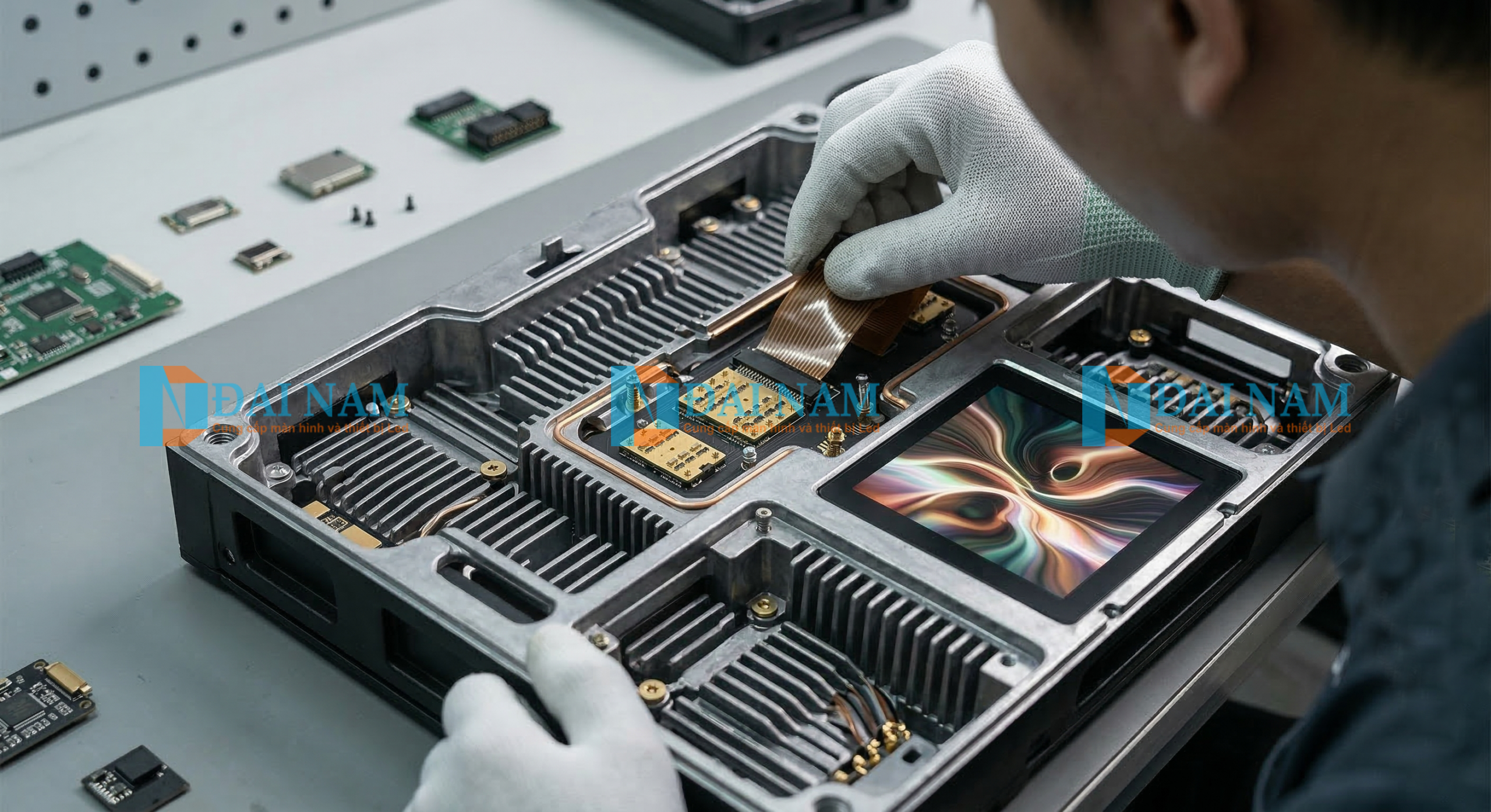 Kỹ thuật viên Đại Nam Groups lắp ráp linh kiện bên trong Cabinet màn hình LED ngoài trời với hệ thống cáp tín hiệu và bo mạch chuyên dụng.