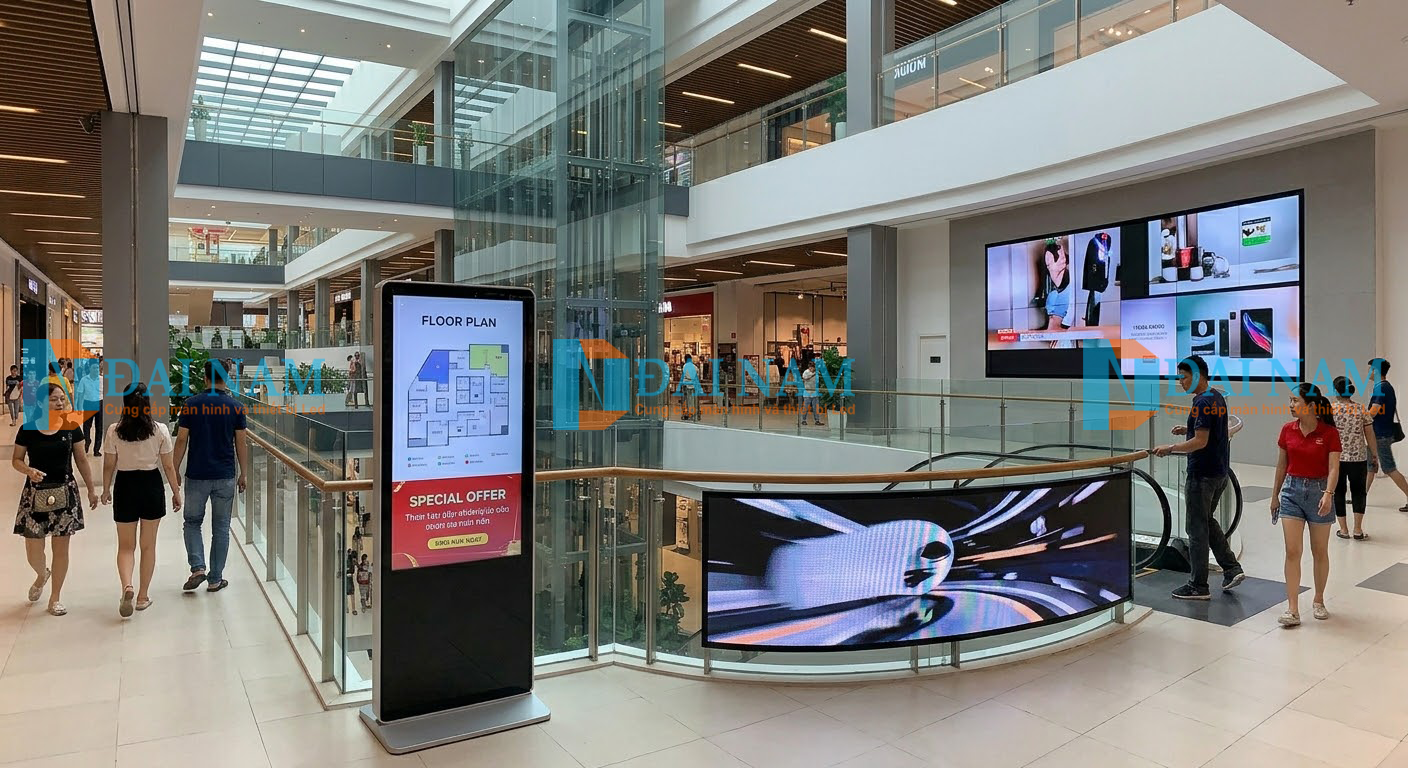 Sự đa dạng của màn hình LED trung tâm thương mại: màn hình chân đứng, màn hình cong trên thang cuốn và videowall lớn.