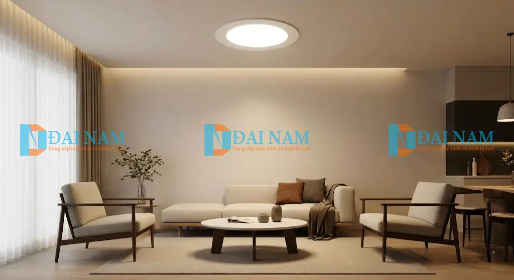 Một bóng đèn điốt phát quang (LED) âm trần thạch cao đang phát sáng, chiếu sáng không gian phòng khách hiện đại tại Việt Nam.