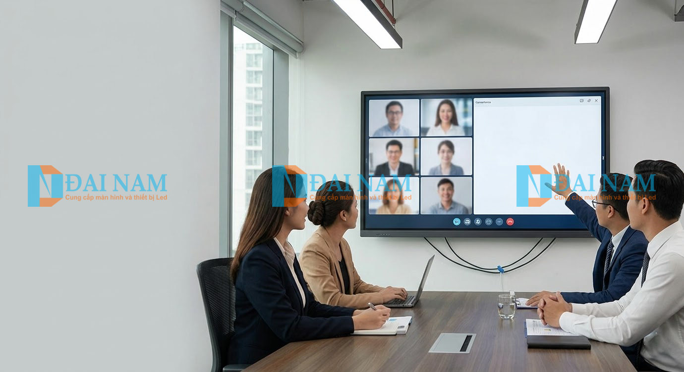 Tổ chức họp trực tuyến đa điểm thông qua màn hình hiển thị tương tác tích hợp camera hội nghị.