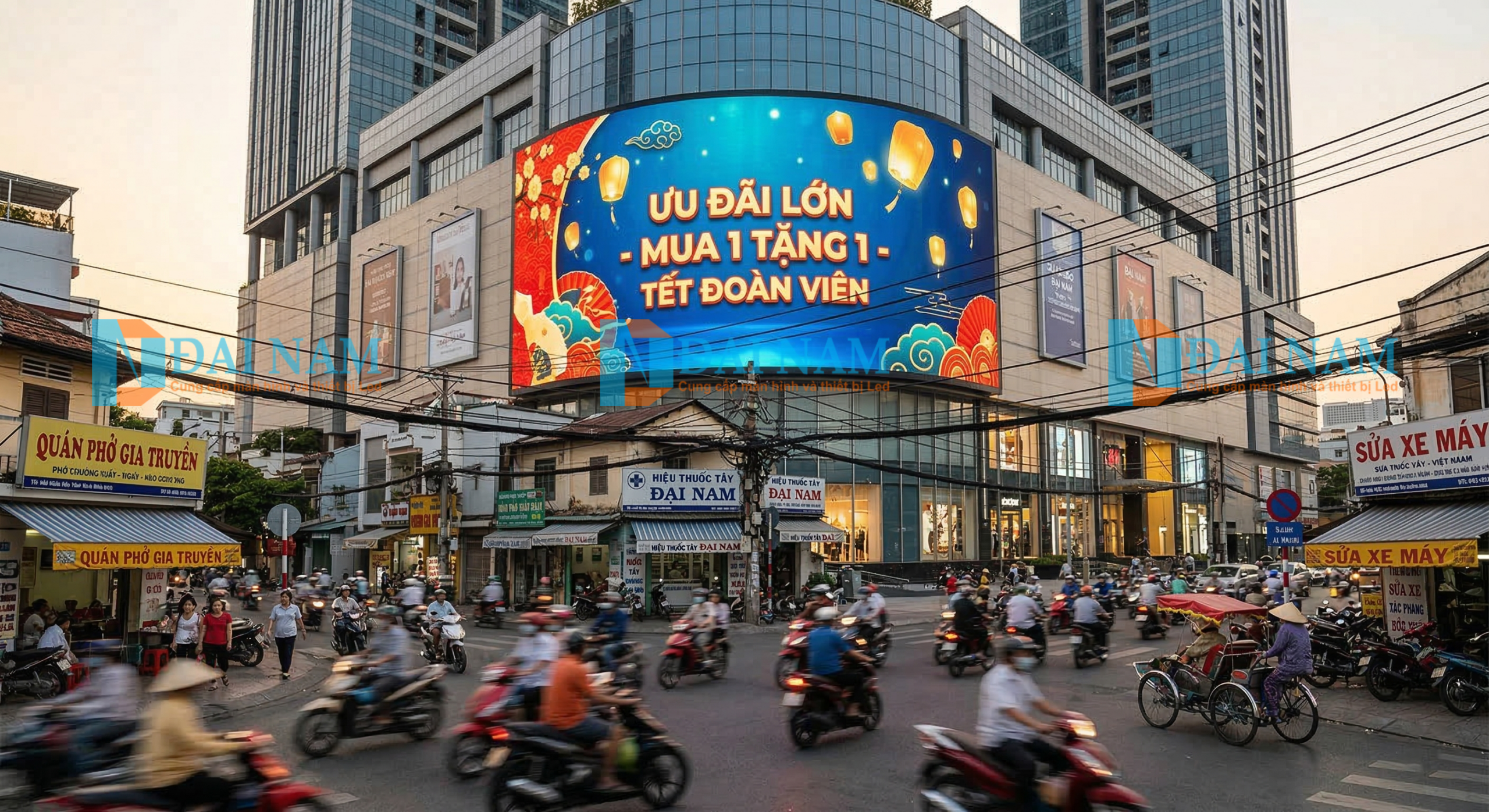 Màn hình LED quảng cáo ngoài trời dạng cong lắp đặt tại mặt tiền tòa nhà trung tâm sầm uất với hình ảnh hiển thị rực rỡ.