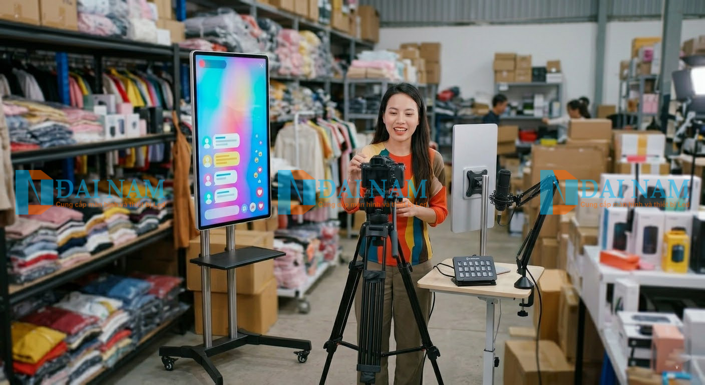 Ứng dụng màn hình bán hàng trực tuyến và thiết lập phòng live tại kho thương mại điện tử.