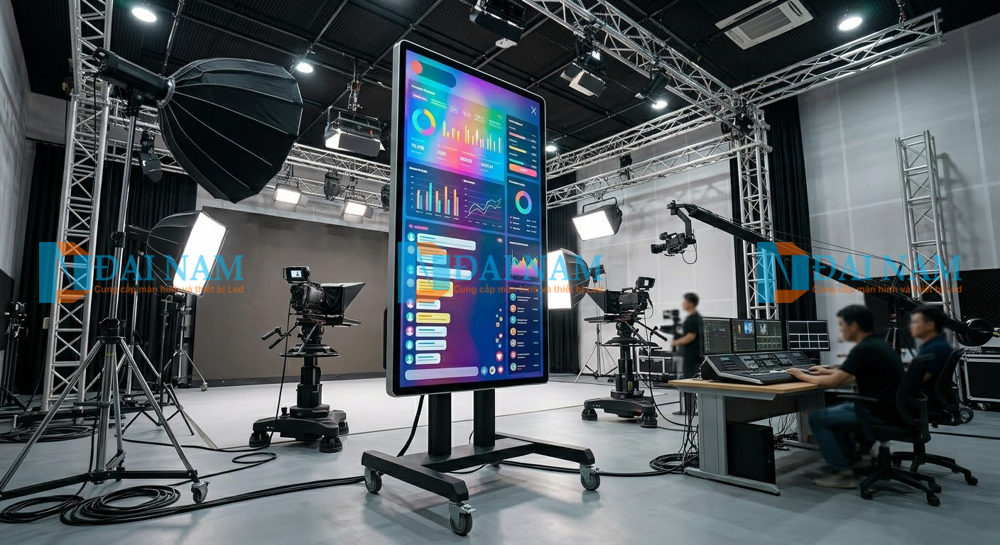 Thi công lắp đặt màn hình tương tác chuyên dụng cỡ lớn 55 inch trên chân đế di động có bánh xe.