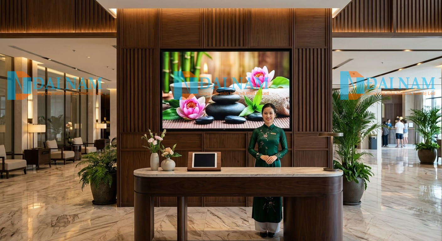 Màn hình quảng cáo LCD treo tường khổ lớn tích hợp tại quầy lễ tân khách sạn 5 sao, hiển thị poster kỹ thuật số dịch vụ spa.
