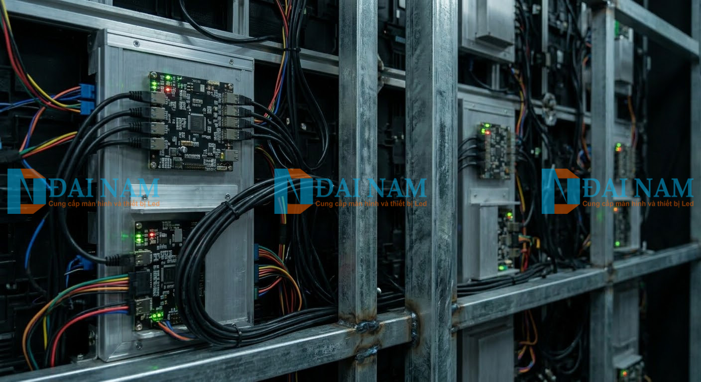 Chi tiết hệ thống kỹ thuật phía sau màn hình LED indoor bao gồm card thu tín hiệu, bộ nguồn 5V và hệ thống cáp mạng RJ45 được đấu nối chuẩn kỹ thuật.