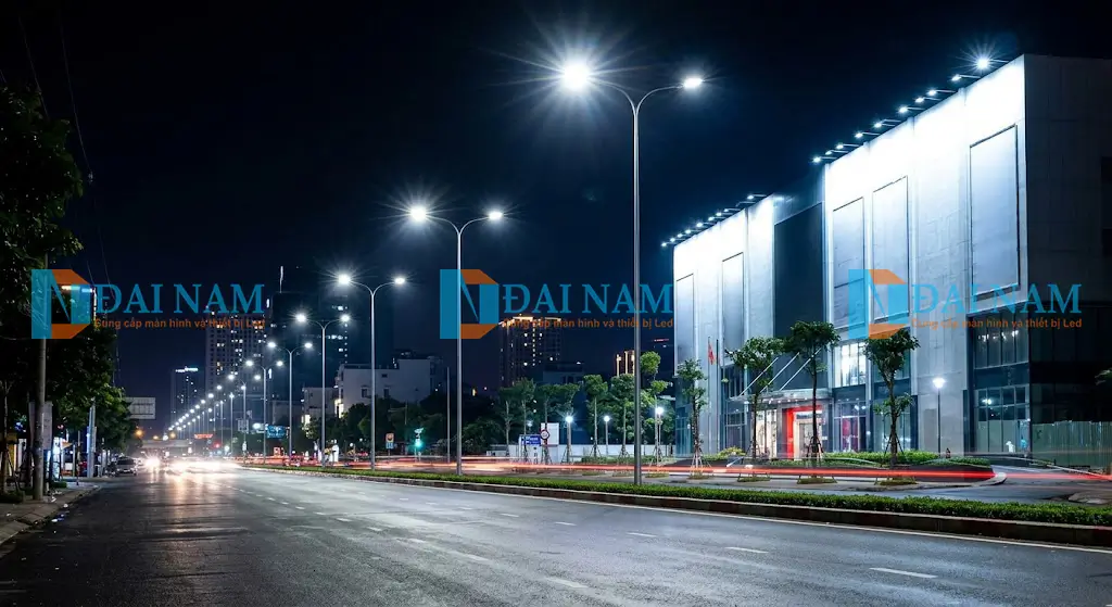 Quang cảnh đại lộ tại Thành phố Hồ Chí Minh về đêm được chiếu sáng rực rỡ bởi hệ thống đèn điốt phát quang (LED) đường phố và đèn pha ngoài trời công suất lớn.