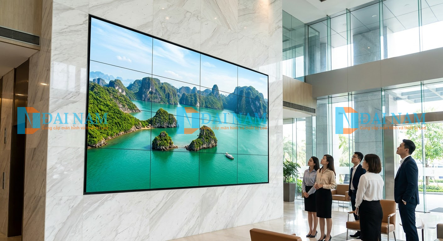 Hệ thống màn hình ghép video wall cỡ lớn hiển thị hình ảnh sắc nét tại sảnh tòa nhà văn phòng.