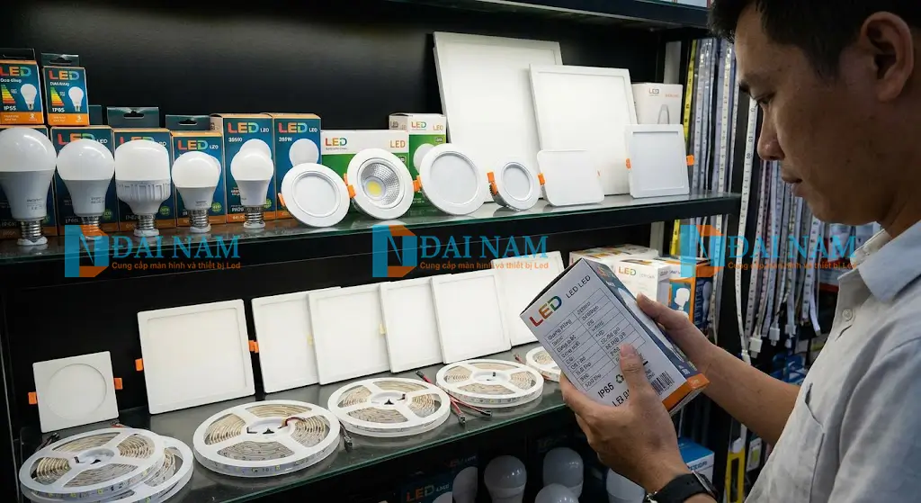 Khách hàng tại một đại lý thiết bị điện Việt Nam đang cầm một hộp bóng đèn LED, chăm chú kiểm tra các thông số kỹ thuật như quang thông (Lumen), công suất và chỉ số hoàn màu (CRI) ghi trên bao bì.