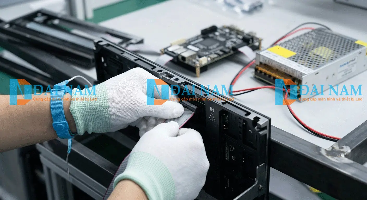 Kỹ thuật viên đang đấu nối cáp tín hiệu HUB75 16 chân cho module LED P3