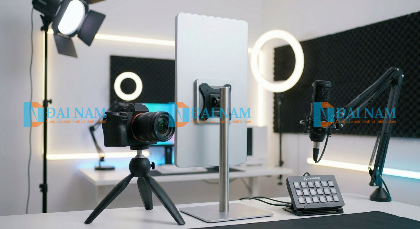 Sơ đồ đấu nối hệ thống máy quay phim và micro thu âm với màn hình livestream chuẩn studio.
