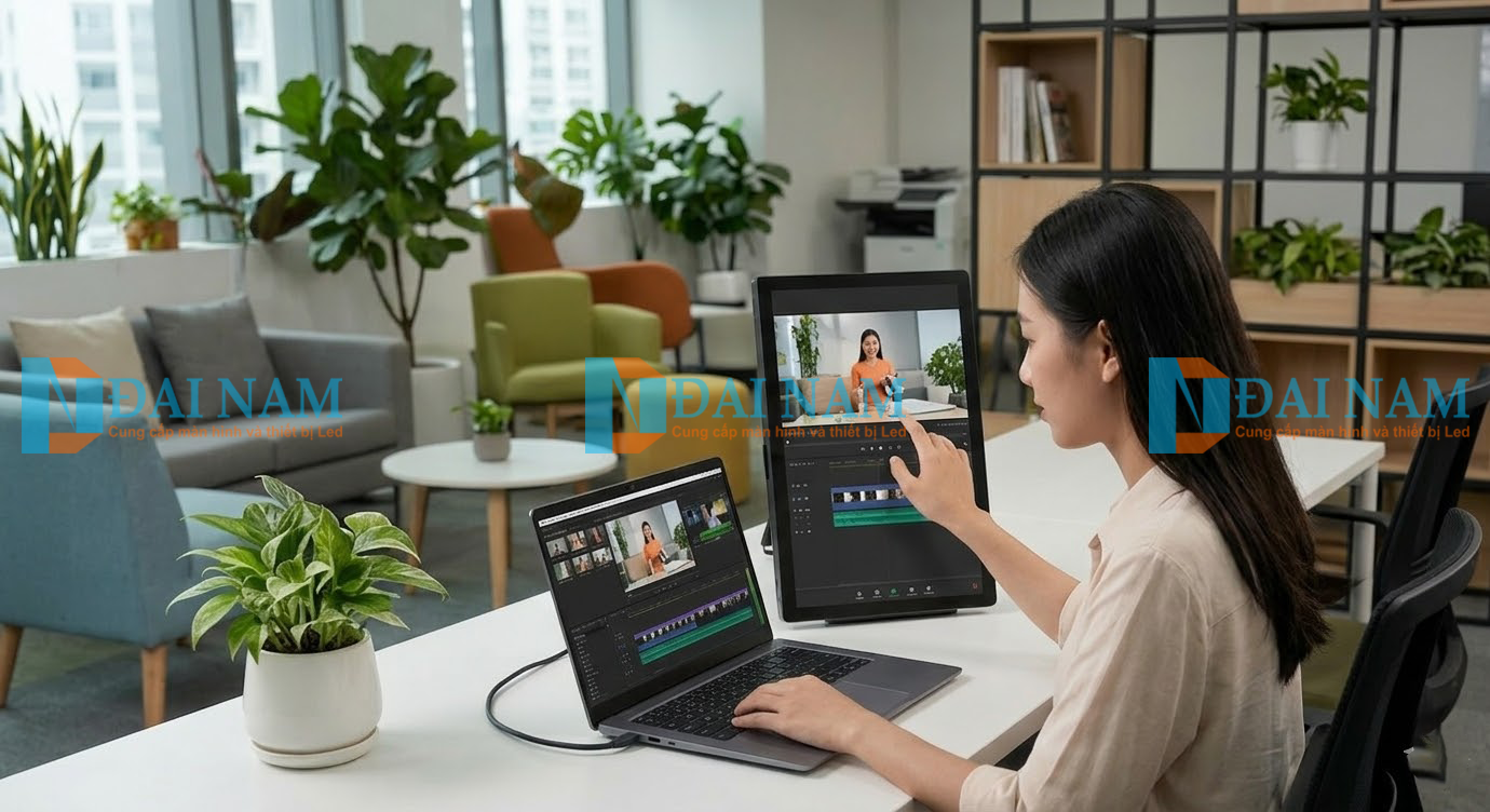 Truyền tải dữ liệu và chỉnh sửa video trực tiếp bằng cách kết nối laptop với màn hình cảm ứng rời.