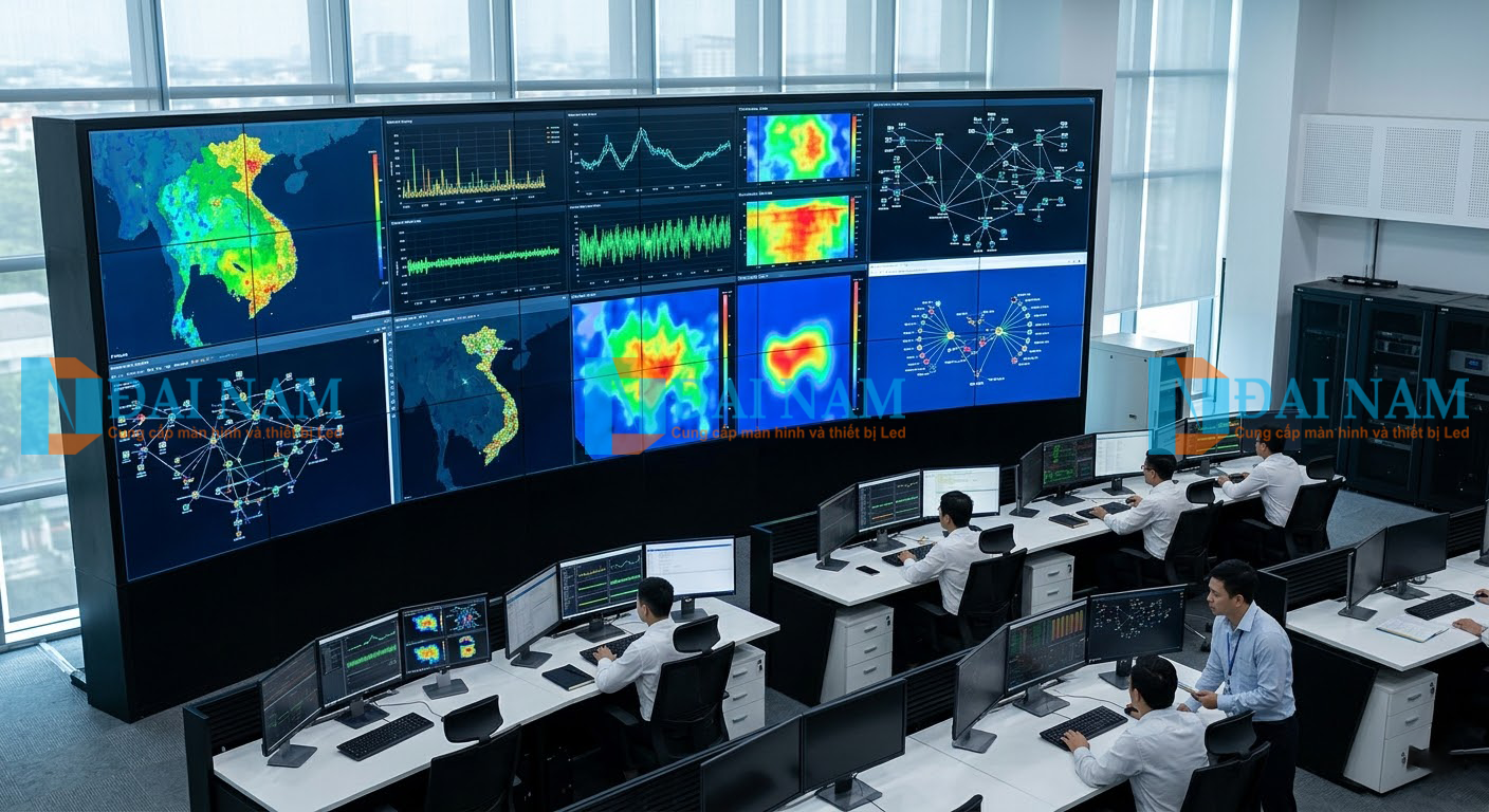 Giải pháp màn hình ghép hiển thị dữ liệu hoạt động 24/7 cho phòng điều khiển trung tâm NOC.
