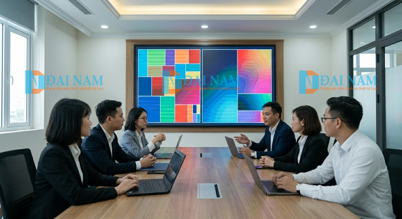 Ứng dụng màn hình hiển thị LED indoor cung cấp độ sáng cao và góc nhìn rộng, thay thế máy chiếu trong không gian phòng họp trực tuyến hiện đại.