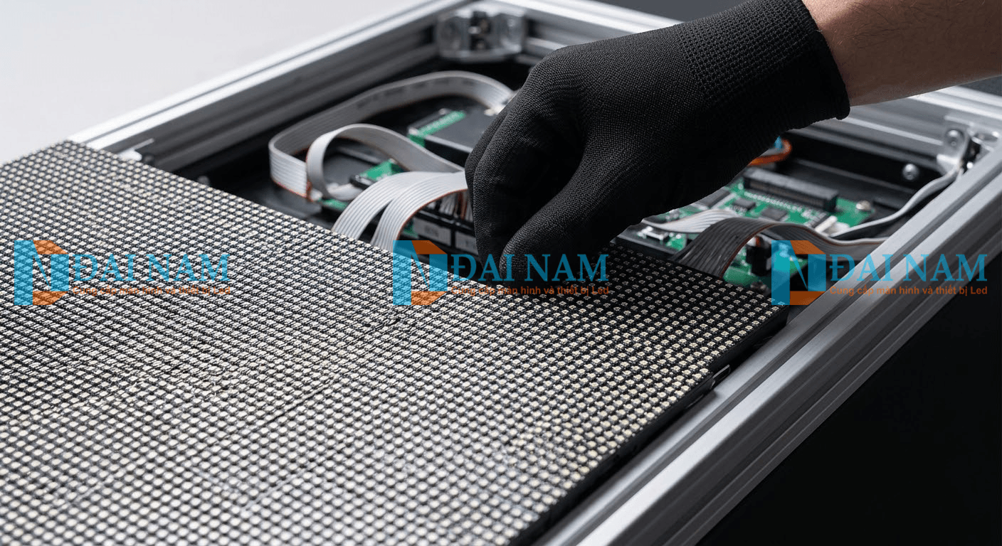 Kỹ thuật viên của Đại Nam Groups đeo găng tay chống tĩnh điện lắp ráp chính xác tấm module LED vào cabinet nhôm đúc.