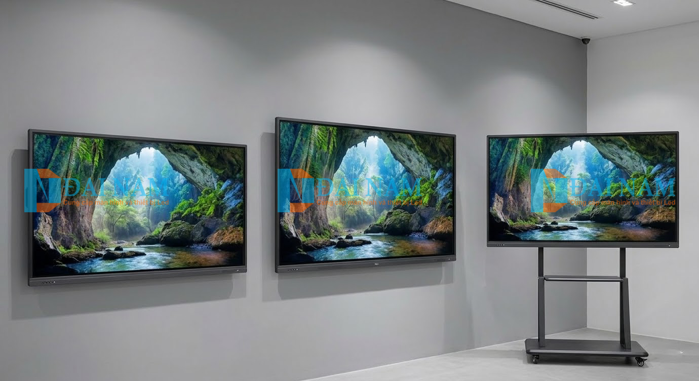 So sánh các kích thước màn hình tương tác 65 inch, 75 inch và 86 inch lắp trên giá treo di động.