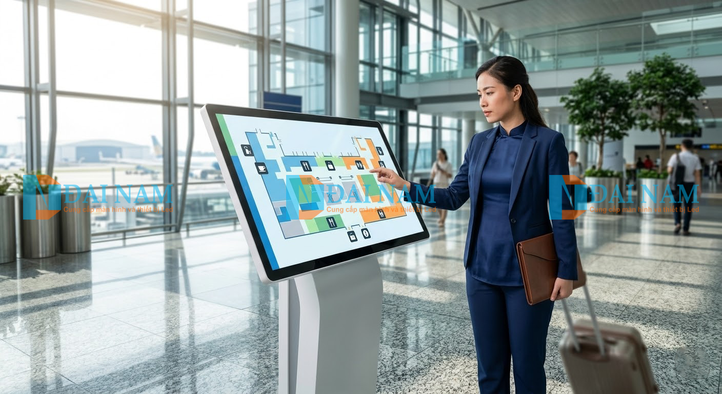Hành khách sử dụng kiosk thông tin điện tử bằng màn hình cảm ứng tương tác tại sảnh sân bay quốc tế Tân Sơn Nhất.