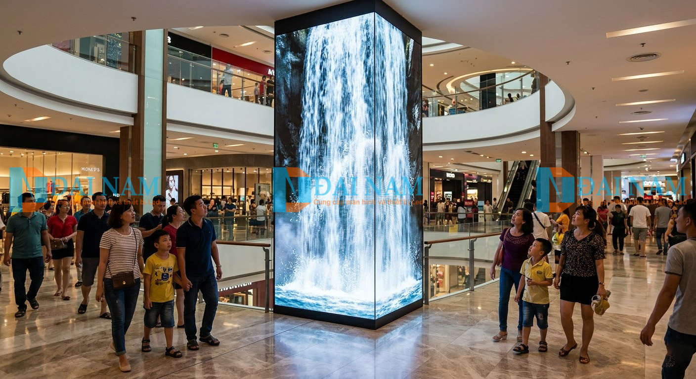 Ứng dụng màn hình ghép cỡ lớn làm biển quảng cáo kỹ thuật số tại trung tâm thương mại.