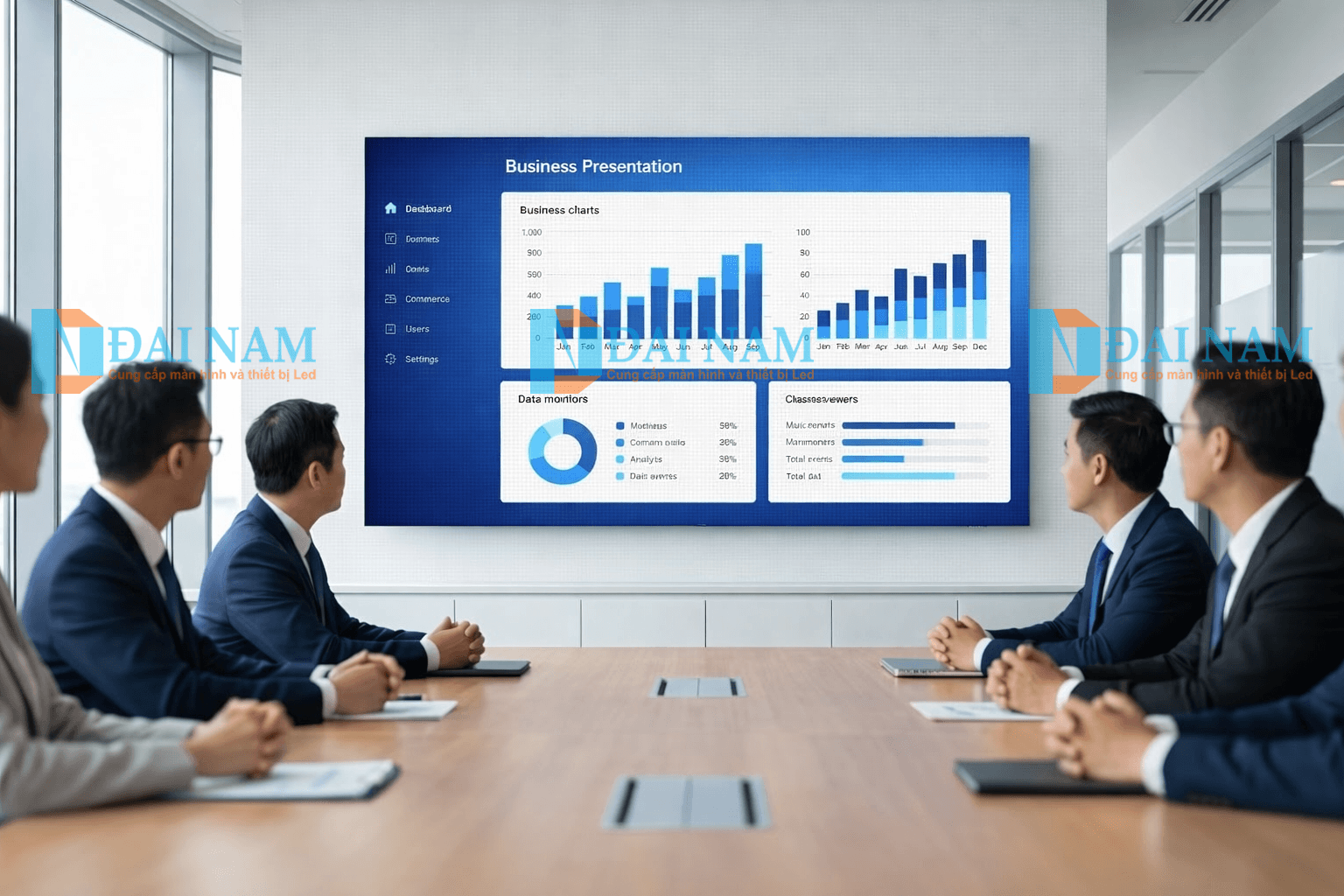 Màn hình LED 100 inch P2 hiển thị biểu đồ báo cáo sắc nét trong phòng họp cao cấp do Đại Nam Groups lắp đặt.