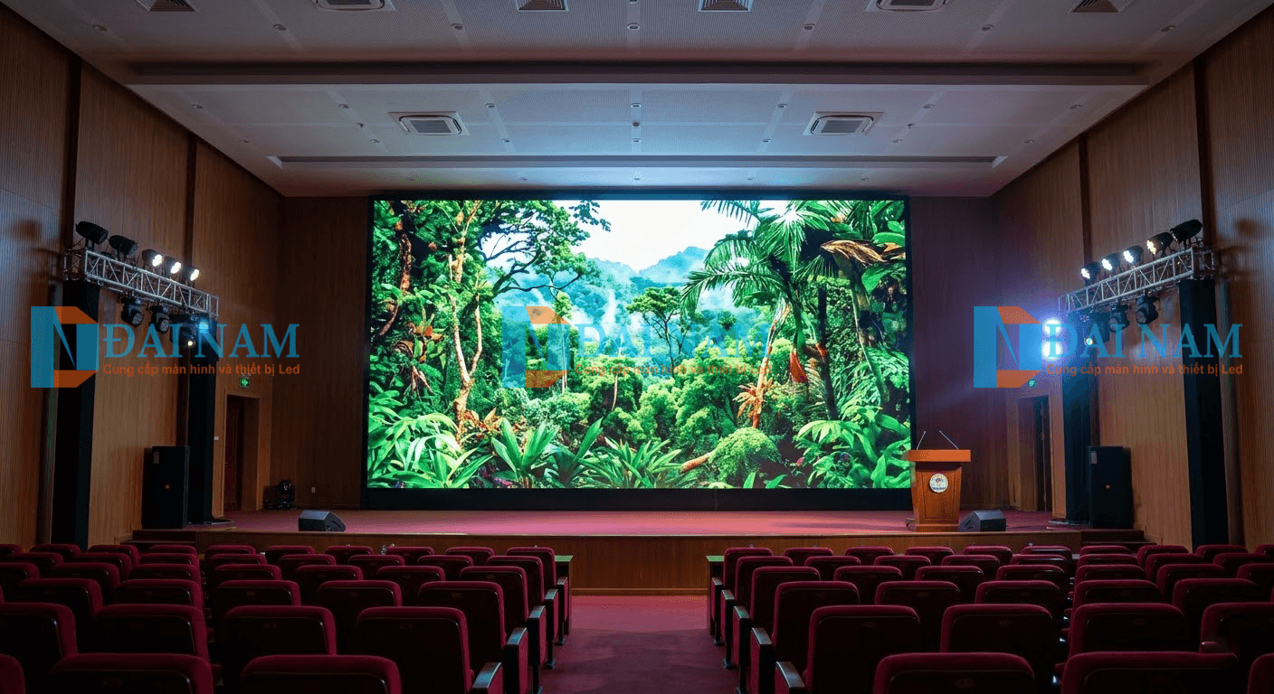 Khung cảnh hội trường rộng lớn trang bị màn hình LED 200 inch P3 trình chiếu hình ảnh thiên nhiên 4K sống động.