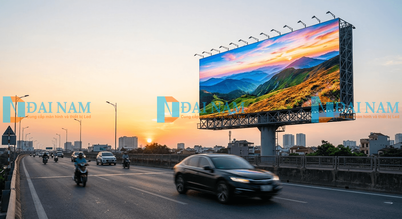 Biển quảng cáo màn hình LED 500 inch ngoài trời P5 với độ sáng cao trên dải phân cách đường cao tốc.