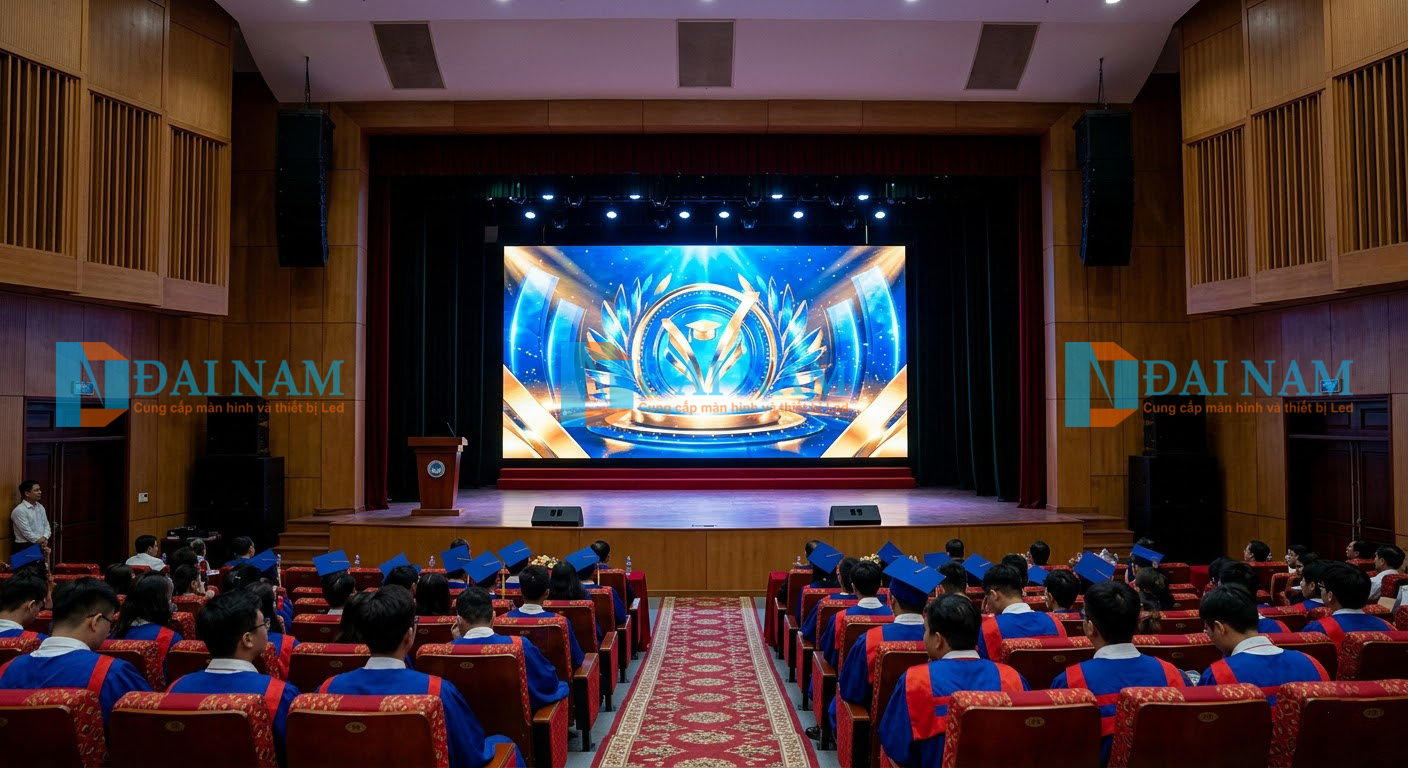 Hệ thống màn hình LED P3 trong nhà được lắp đặt trên sân khấu hội trường trường học.