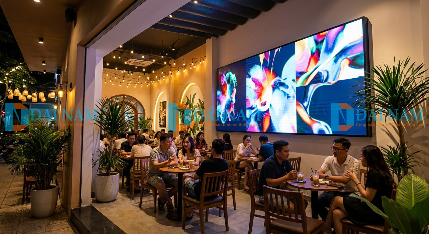 Một màn hình LED trong nhà (P2.5) cỡ lớn, hiển thị hình ảnh nghệ thuật sống động, được tích hợp vào bức tường của một quán cafe hiện đại, sang trọng tại Việt Nam vào buổi tối. Khách hàng đang ngồi tại bàn gỗ, tận hưởng không gian.