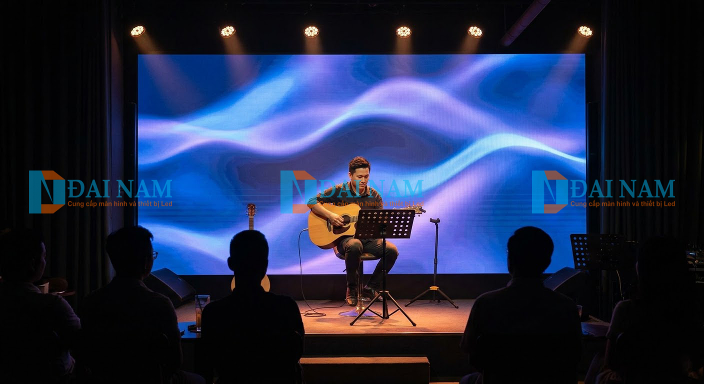 Một nghệ sĩ guitar người Việt biểu diễn trên một sân khấu nhỏ trong một quán cafe acoustic ấm cúng, low-lit. Màn hình LED Indoor P2.5 đóng vai trò làm backdrop động, hiển thị họa tiết ánh sáng xanh tím.