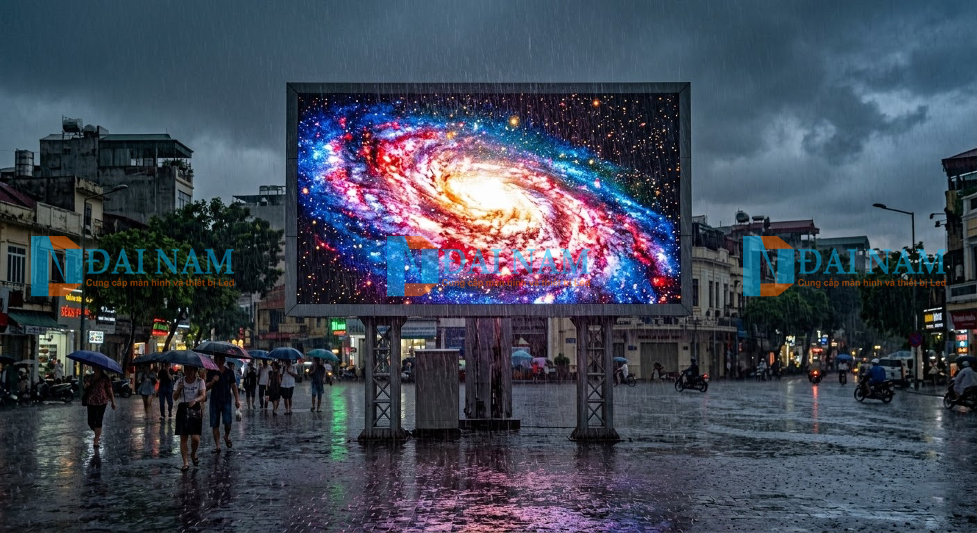 Màn hình LED quảng cáo ngoài trời kích thước lớn tại quảng trường Việt Nam đang hiển thị hình ảnh dải ngân hà rực rỡ dưới trời mưa xối xả, minh họa khả năng chống nước tuyệt đối và độ sáng cao của công nghệ LED Outdoor.