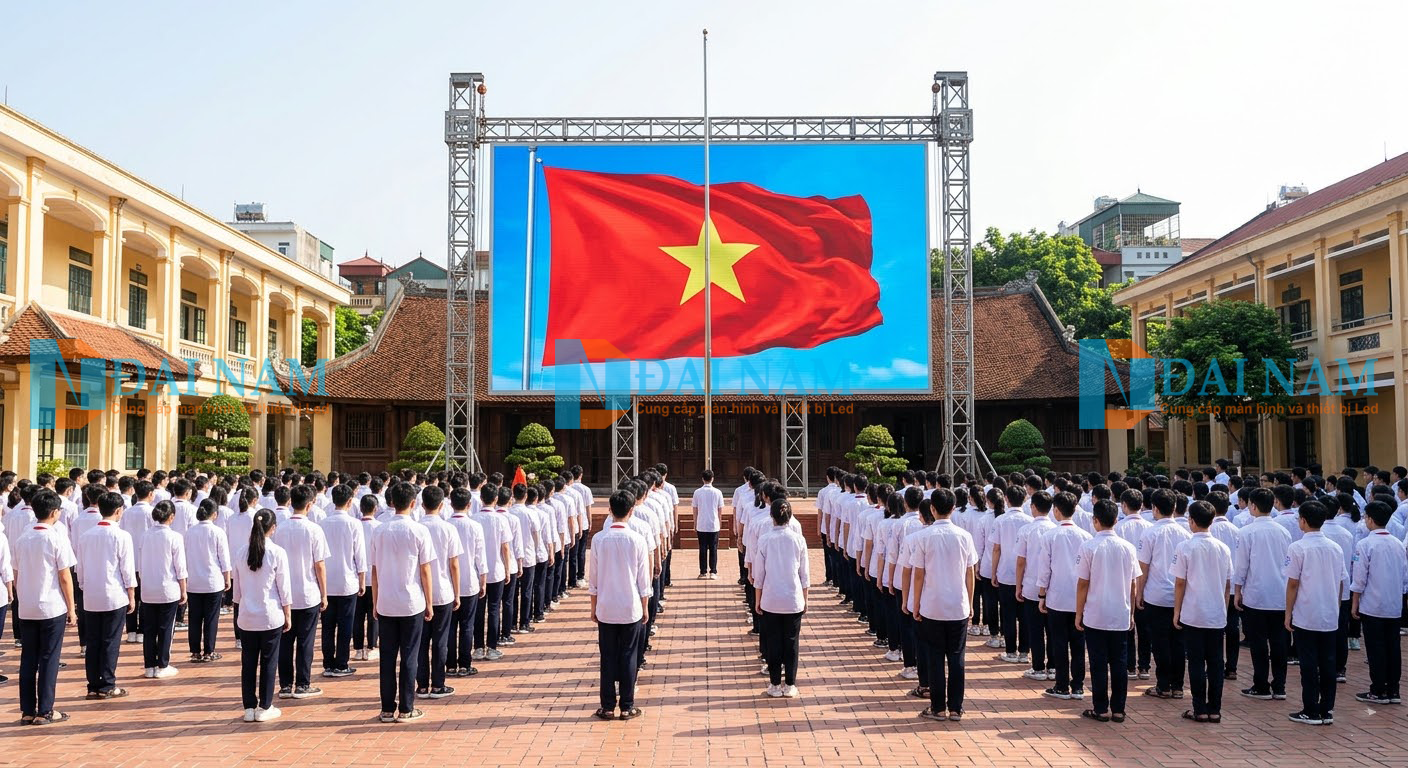 Màn hình LED cỡ lớn lắp đặt tại sân trường ngoài trời đang hiển thị lá cờ Việt Nam màu sắc rực rỡ dưới ánh nắng.