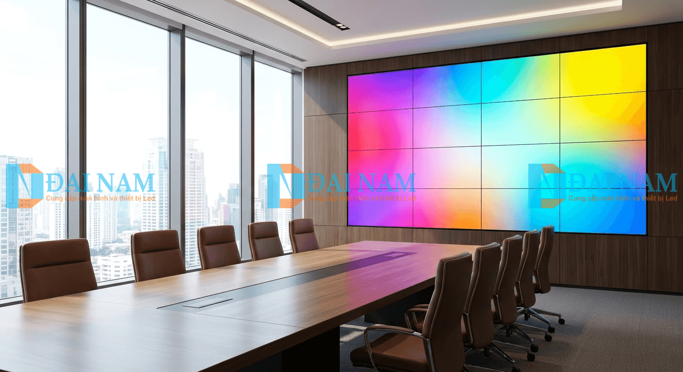 Màn hình LED P1.25 độ phân giải cao lắp đặt tại phòng họp doanh nghiệp hiện đại.