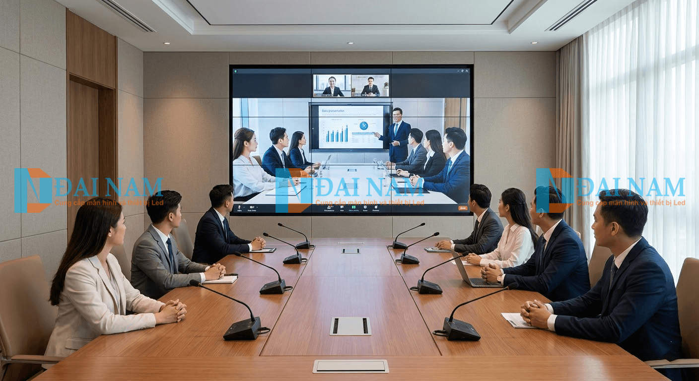 Ứng dụng màn hình LED P1.53 trong nhà làm hệ thống trình chiếu chính cho phòng họp trực tuyến cao cấp