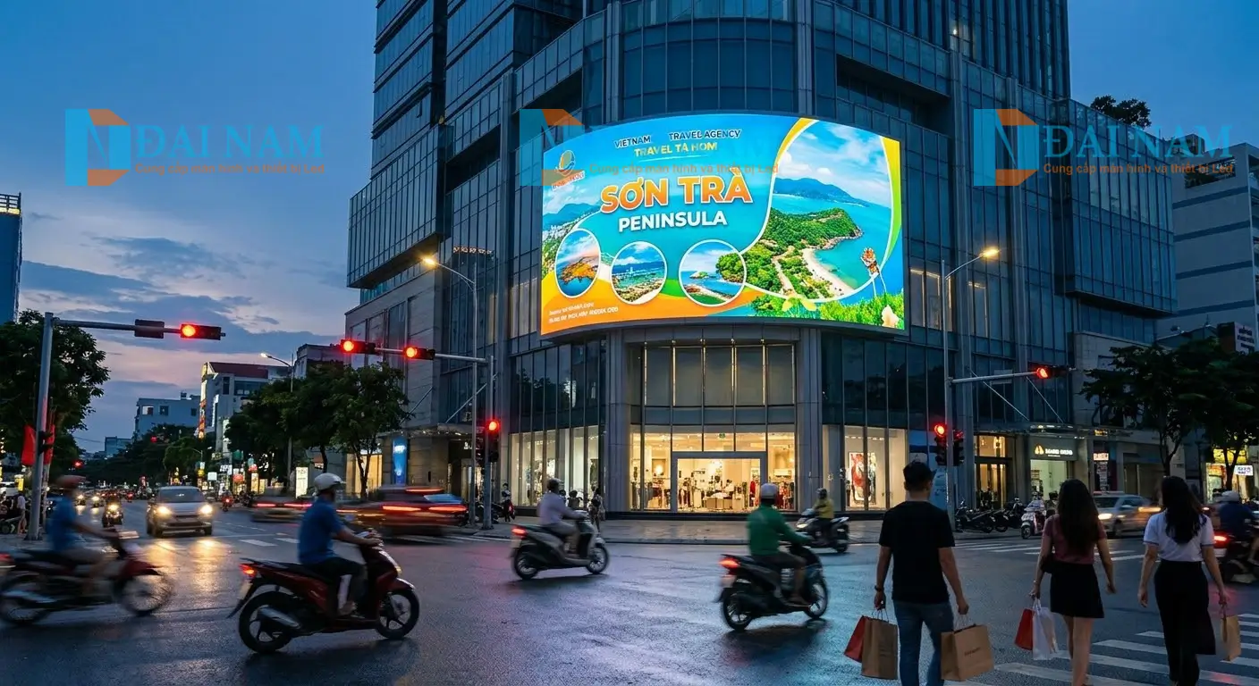Màn hình led P2.5 outdoor chuẩn IP65 trên tòa nhà thương mại tại Đà Nẵng, hiển thị quảng cáo du lịch sắc nét dưới ánh nắng với độ sáng 6000 nits.
