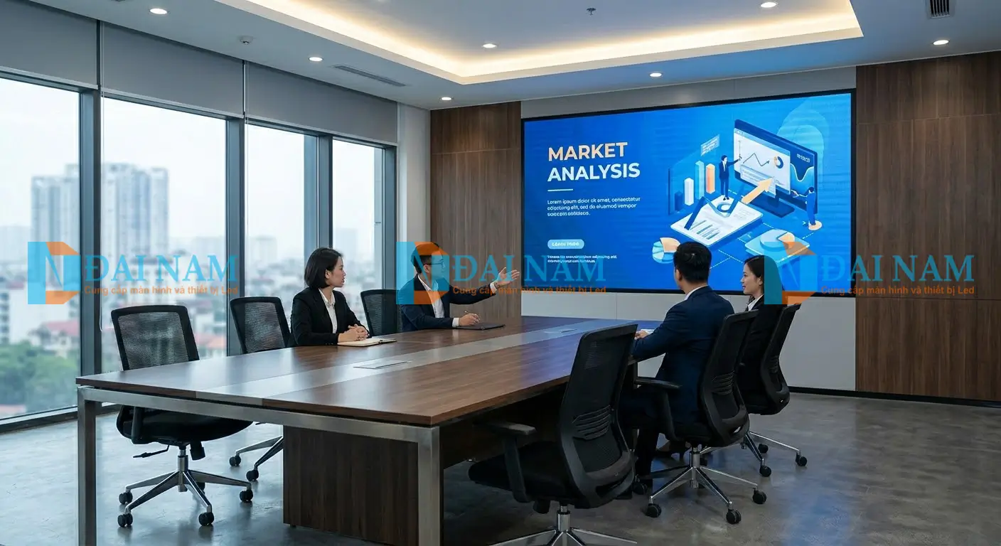 Màn hình led P2.5 phòng họp doanh nghiệp tại Hà Nội hiển thị đồ họa Full HD sắc nét, thay thế máy chiếu truyền thống với góc nhìn rộng 140 độ.