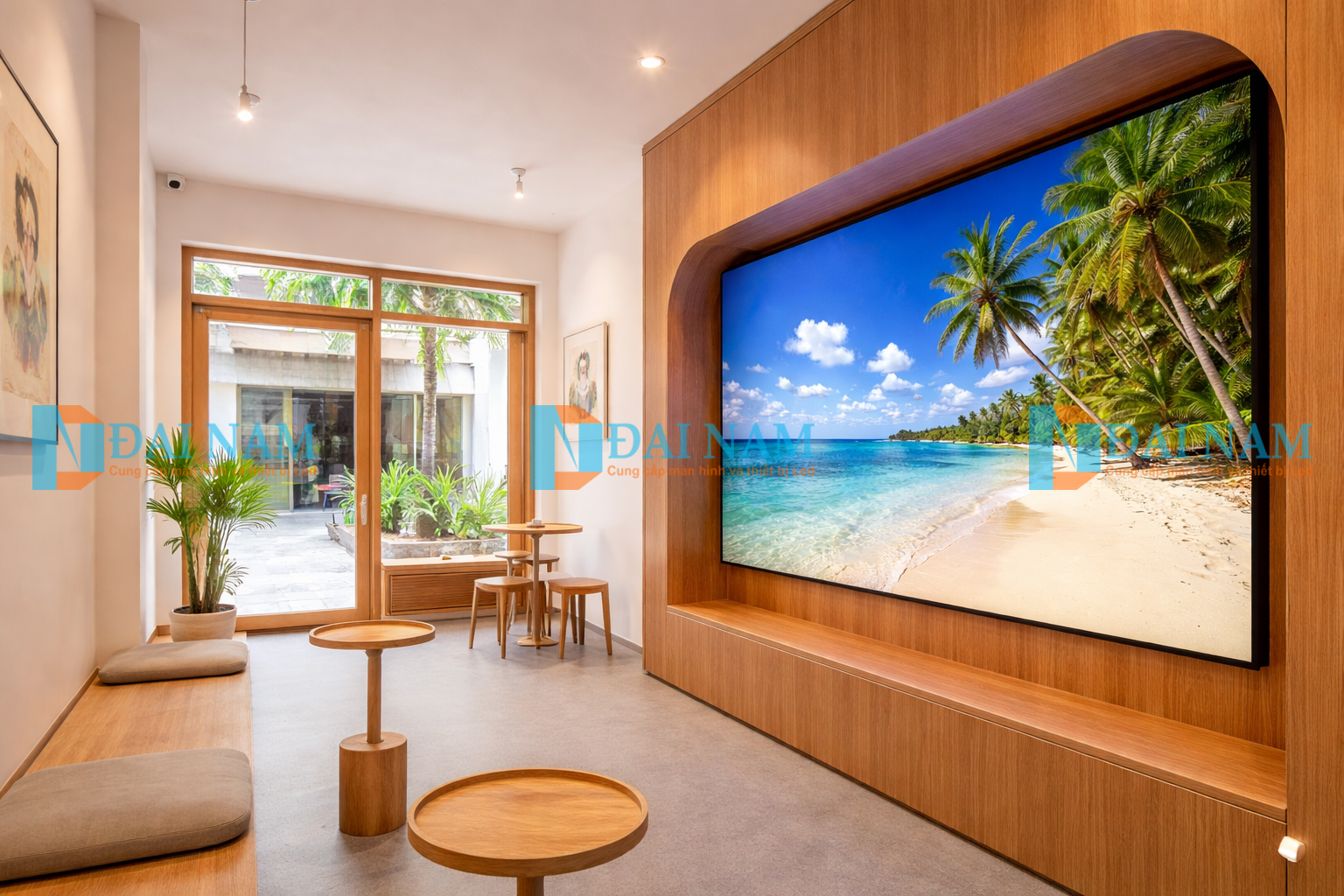 Một màn hình LED Indoor P2 cỡ nhỏ (khoảng 100 inch), hiển thị hình ảnh nghệ thuật tinh tế về thiên nhiên, được tích hợp vào bức tường của một quán cafe nhỏ, ấm cúng có diện tích khoảng 50m2 tại Việt Nam.