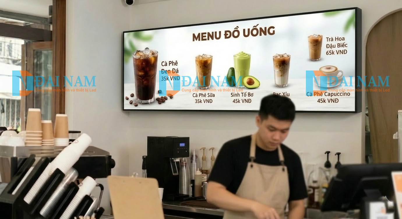 Một menu điện tử kỹ thuật số sắc nét, hiển thị hình ảnh hấp dẫn về các loại đồ uống Việt Nam (cà phê sữa đá, sinh tố bơ) và giá cả, được lắp đặt phía trên quầy pha chế tại một quán cafe hiện đại. Một barista đang làm việc phía dưới.