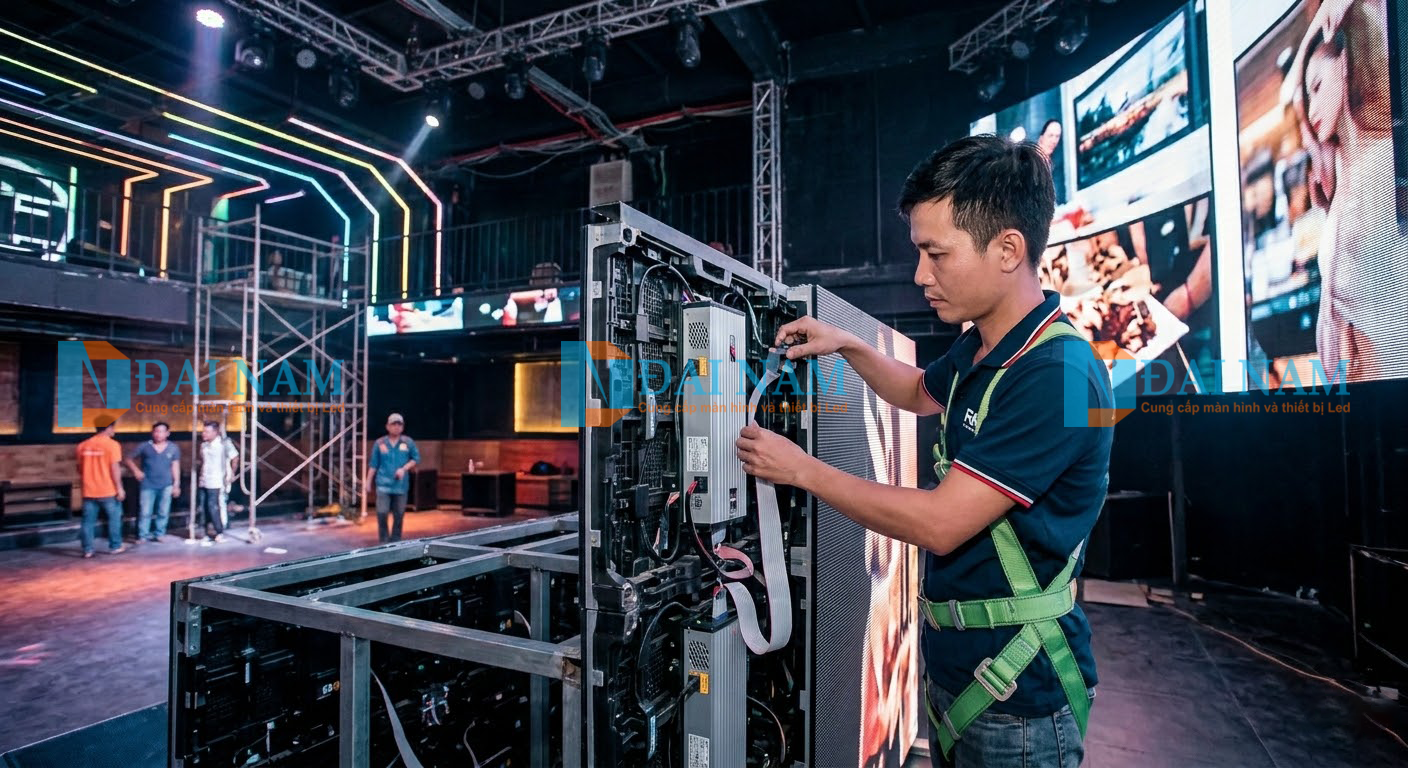Kỹ thuật viên thi công lắp đặt màn hình led quán bar P3 chuyên nghiệp, Việt Nam. Khung thép gia cố.
