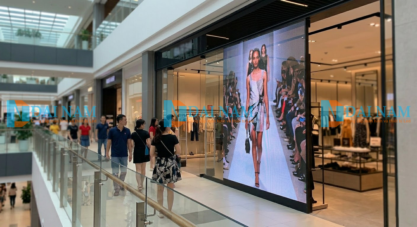 Gian hàng cao cấp tại trung tâm thương mại sử dụng màn hình LED trong suốt dán kính trình chiếu quảng cáo sinh động.
