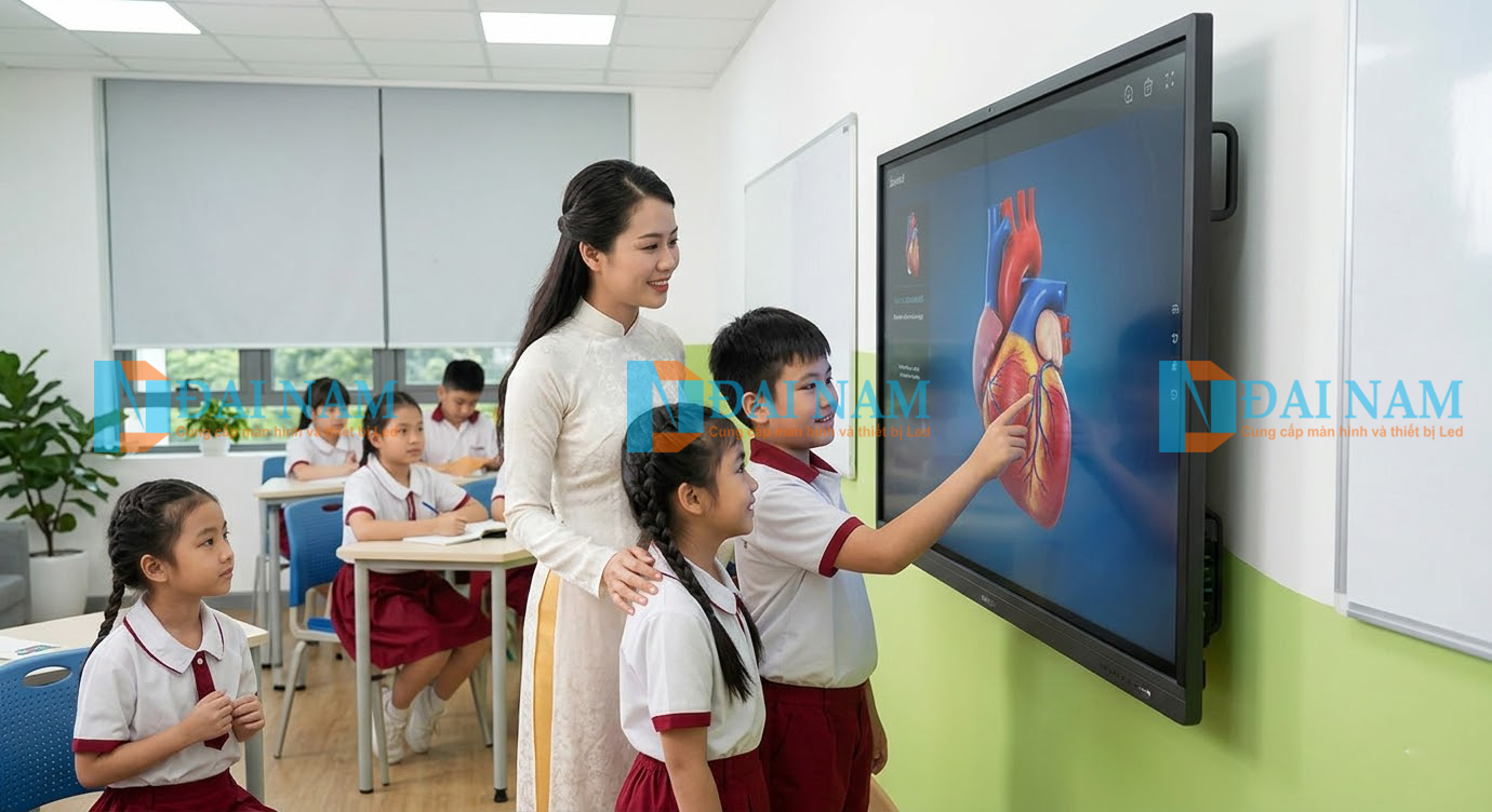 Giáo viên và học sinh thao tác trực tiếp trên màn hình tương tác dạy học với mô hình sinh học 3D.