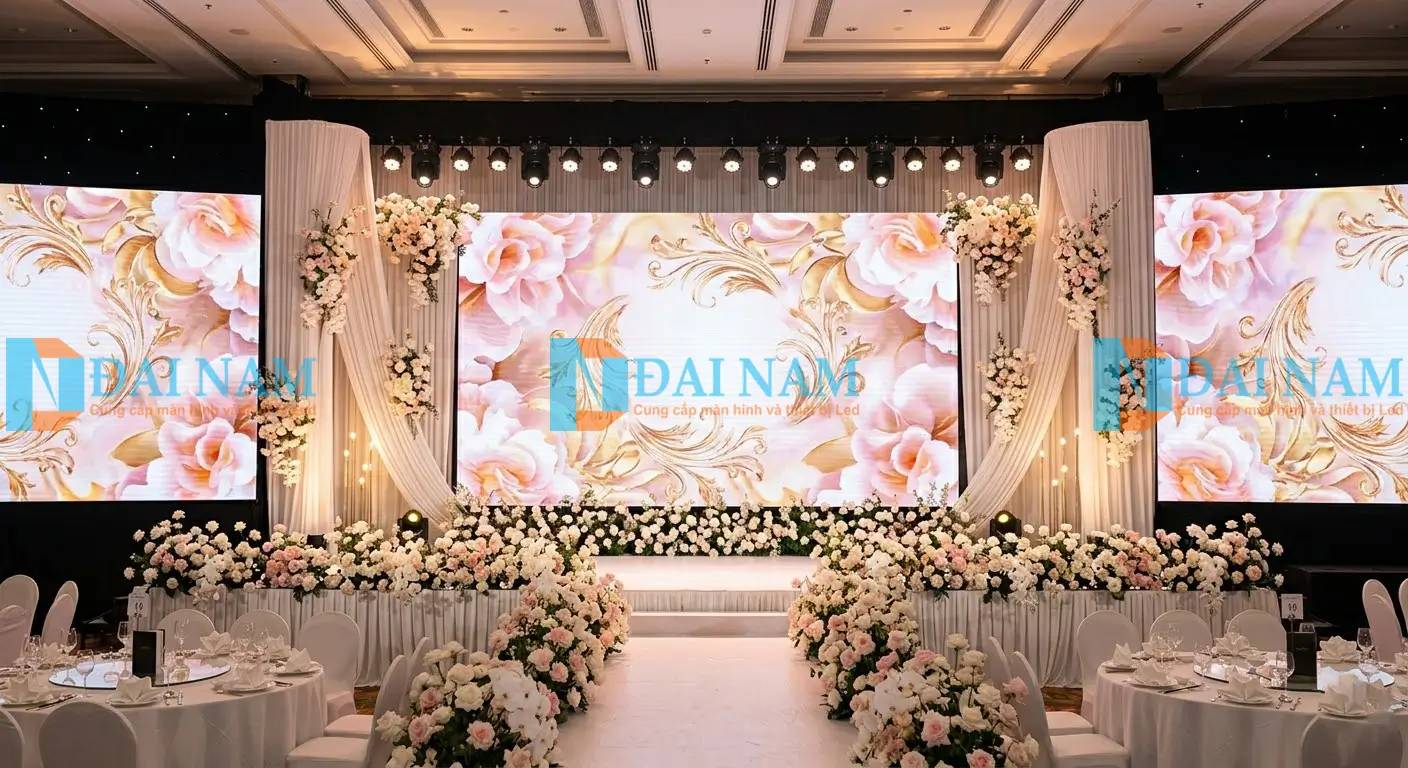Màn led P2.5 indoor trên sân khấu tiệc cưới sự kiện lộng lẫy tại TP.HCM, hiển thị đồ họa full color sắc nét nhờ card Novastar và bộ xử lý hình ảnh.