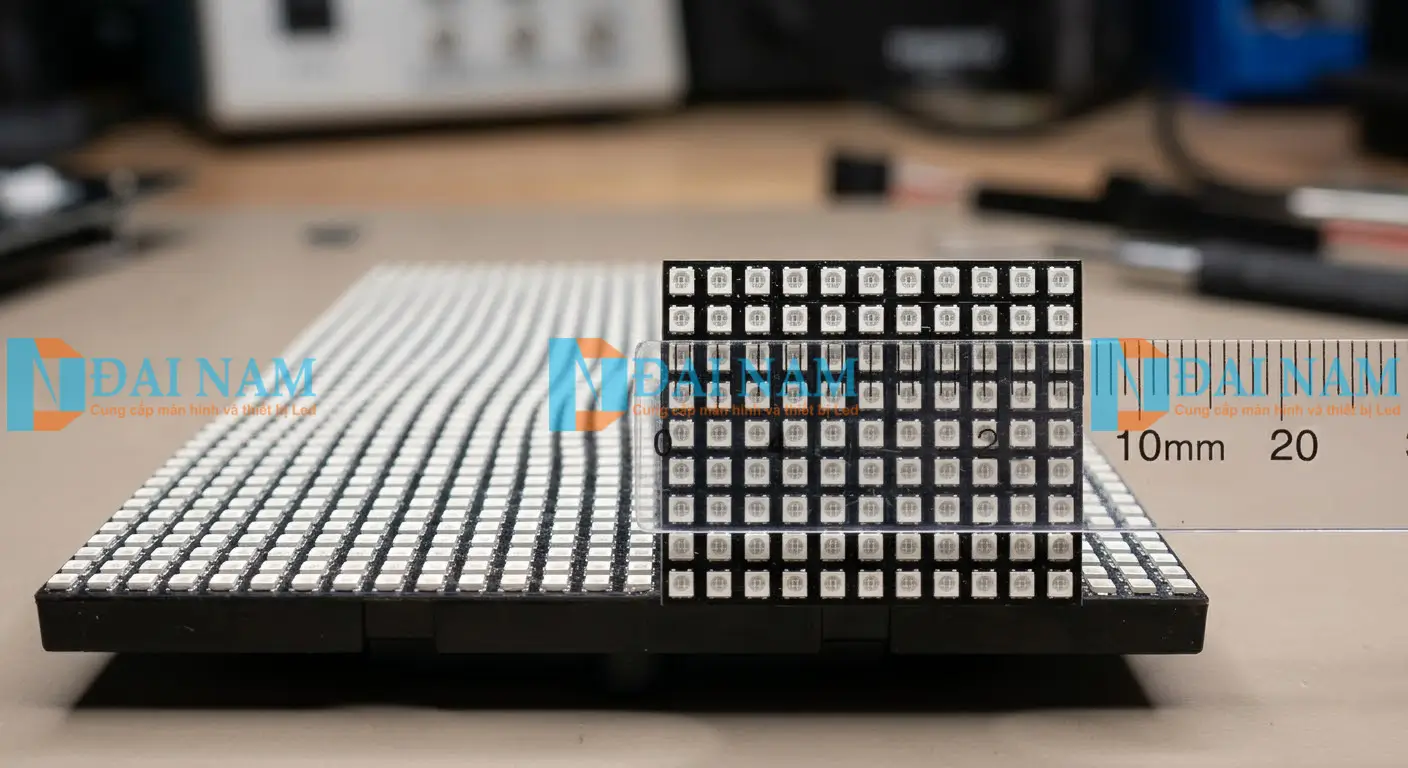 Cận cảnh module màn hình led P2.5 trong nhà với bóng led SMD 2121 và khoảng cách điểm ảnh 2.5mm đo bằng thước kẻ 10mm.