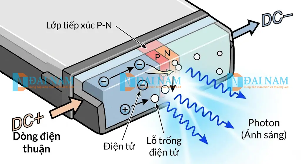 Sơ đồ nguyên lý hoạt động vật lý lượng tử của đèn điốt phát quang, cho thấy sự kết hợp của lỗ trống và điện tử tại lớp tiếp xúc P-N để giải phóng photon ánh sáng.