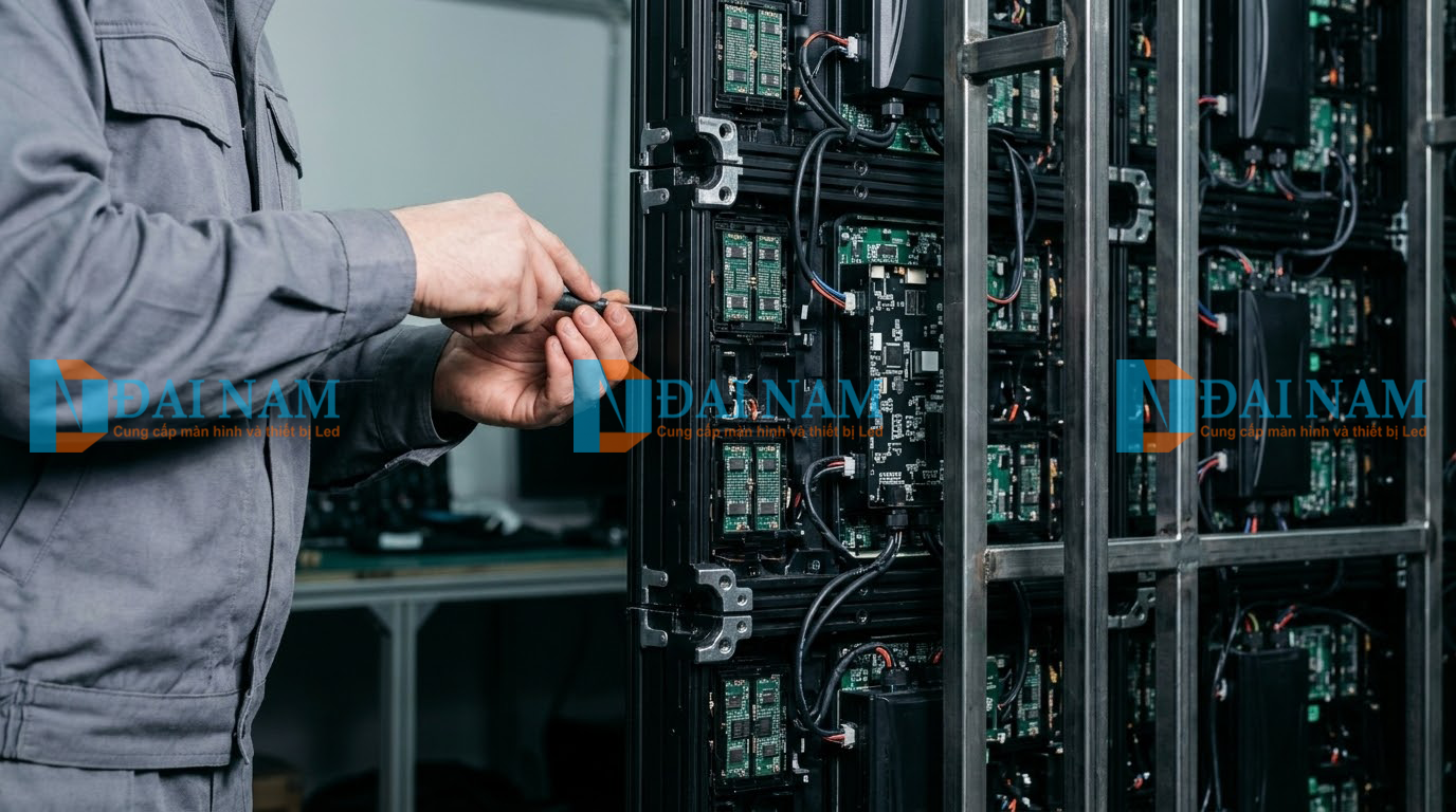 Kỹ thuật viên thi công lắp ráp module led và khung cabinet nhôm đúc chuẩn kỹ thuật