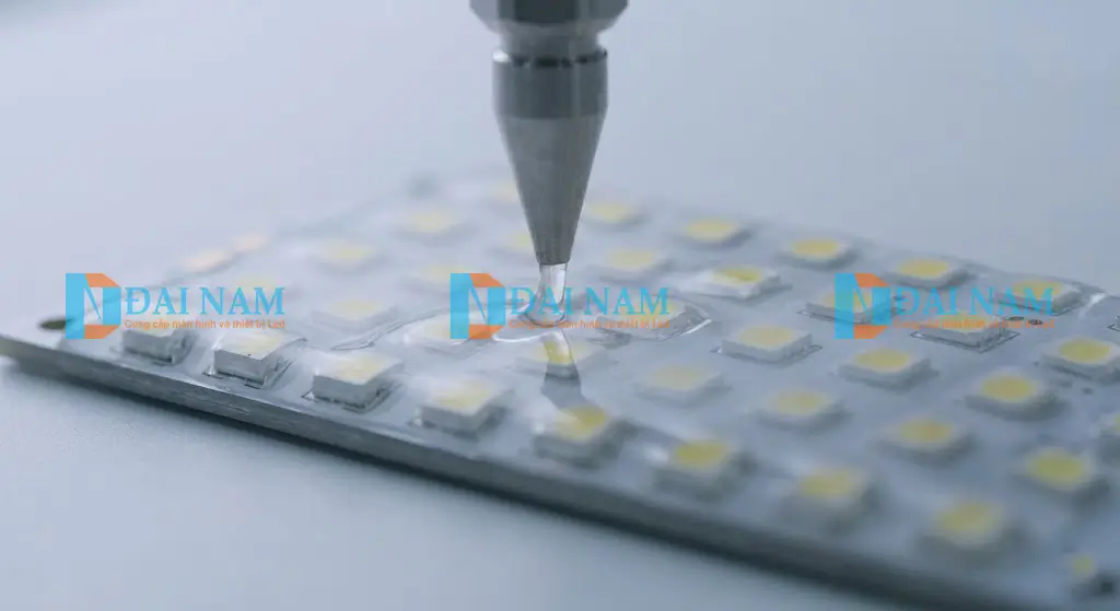 Ảnh macro vòi phun đang phủ lớp keo quang học trong suốt lên mô-đun LED SMD để tạo thành lớp bảo vệ liền khối GOB ở Việt Nam.