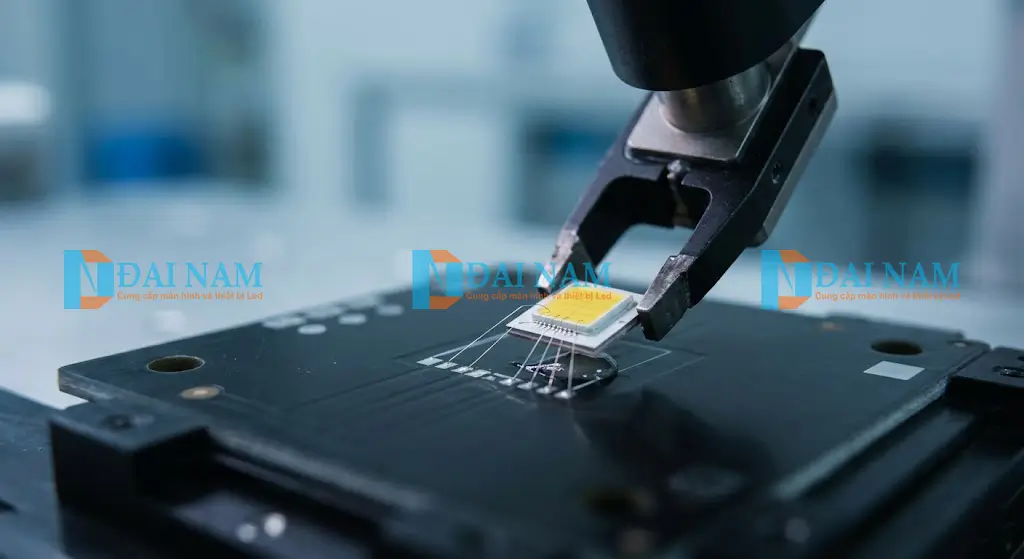 Cận cảnh robot chính xác đang gắn chip Micro LED COB lên bảng mạch PCB đen tại một nhà máy công nghệ cao ở Việt Nam.